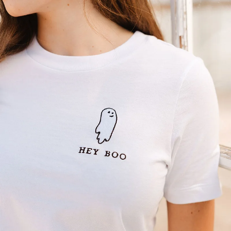 Boyfriend Tee, White Embroidered Hey Boo Solid Print Embellished