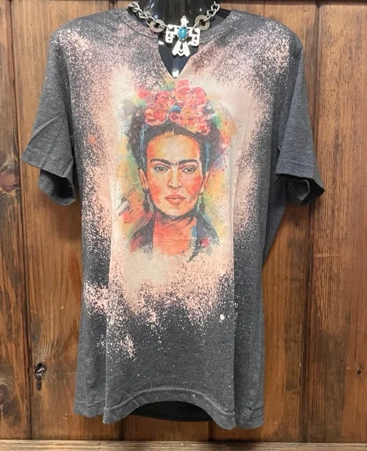 Frida Bleach Wash Short Sleeve T-shirt Denim Fabric Leather Fabric Suede Fabric