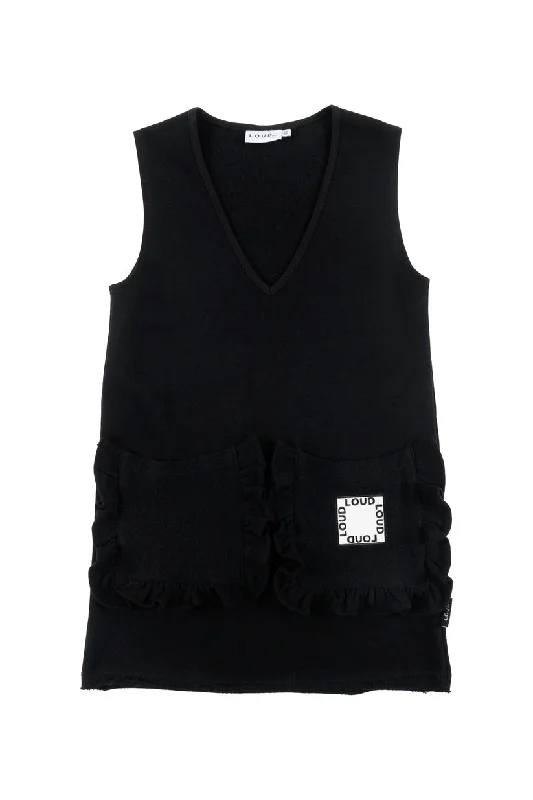 LOUD BLACK/WHITE RUFFLE TRIM POCKET JUMPER Lace Blend Ribbed Blend Corduroy Blend