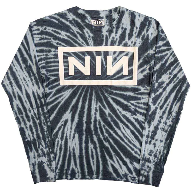 Nine Inch Nails Unisex Long Sleeve T-Shirt: Logo (Wash Collection) Mesh Blend Leather Blend Suede Blend