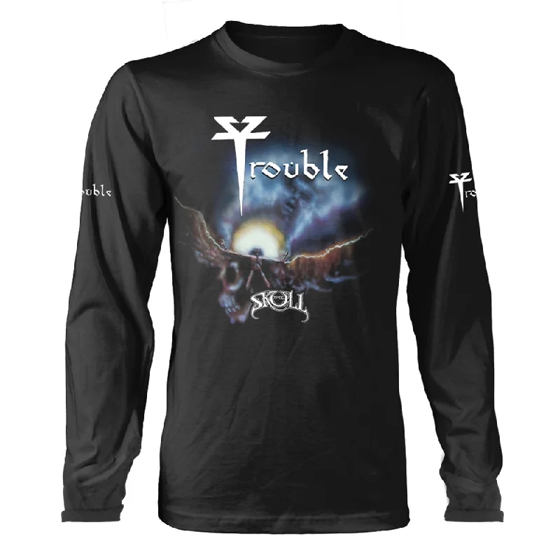 Trouble Unisex Long Sleeved T-shirt: The Skull (back print) Front Pockets Side Pockets Patch Pockets