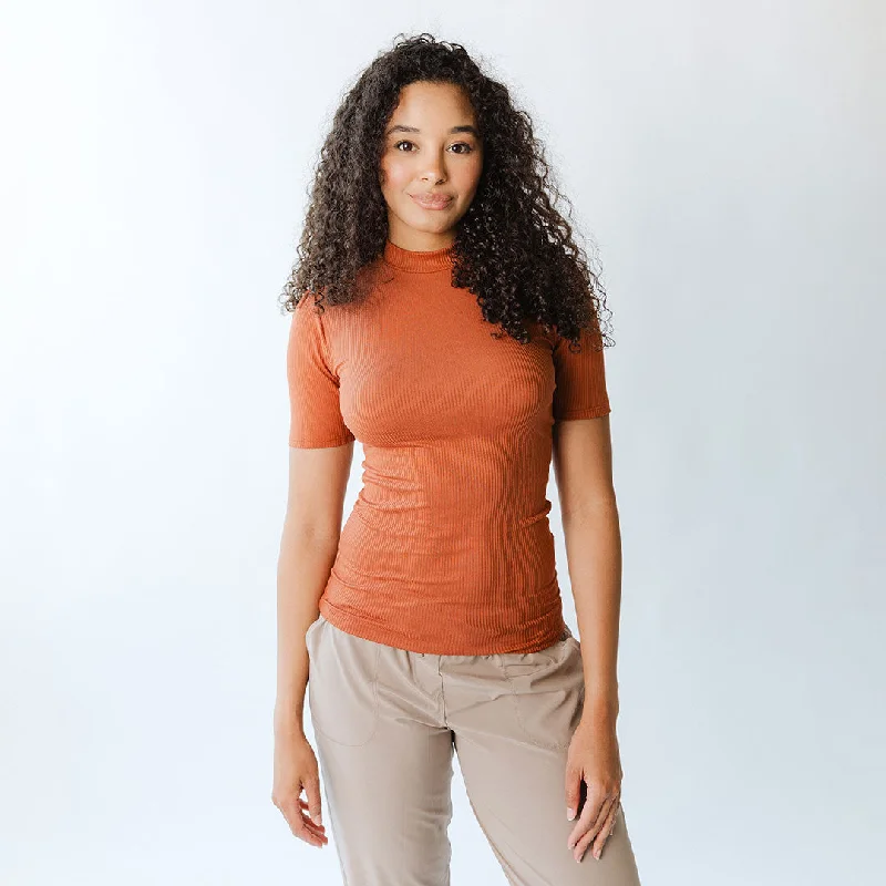 Puff Sleeve Tee, Rust Zippered Buttoned Snapped