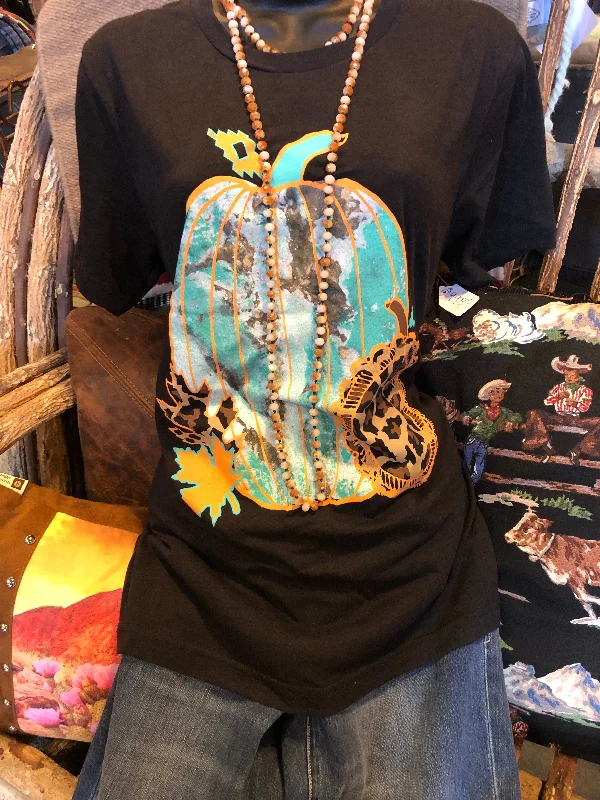 Pumpkin T-Shirt with Turquoise and Cheetah print Print Jacquard Patchwork