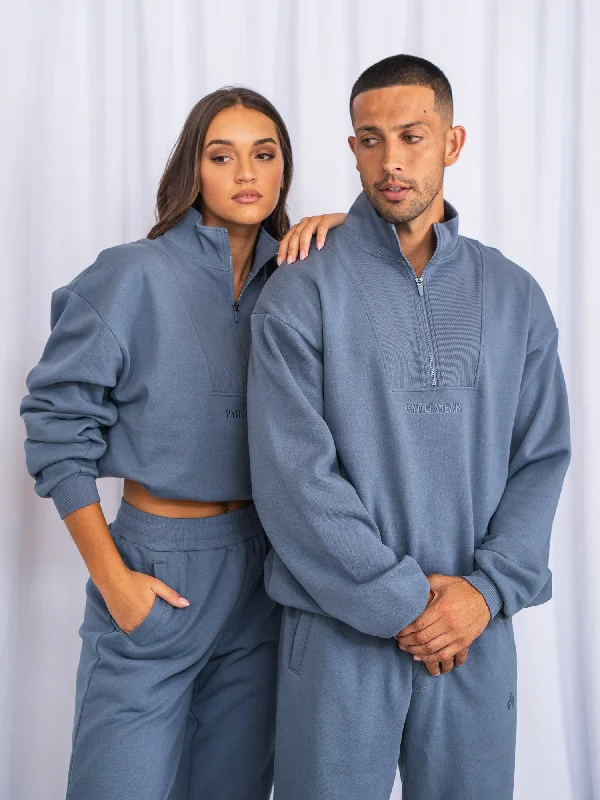 Unisex Half Zip Jumper - Denim Blue Chenille Blend Fleece Blend Nylon Blend