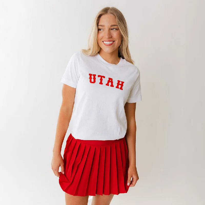 Utah Boyfriend Tee, White Crimson Western Striped Floral Plaid