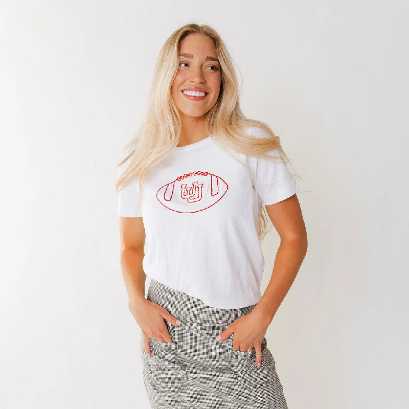 Utah Embroidered Boyfriend Tee, White Football Thin T-Shirt Open Front Quick Dry