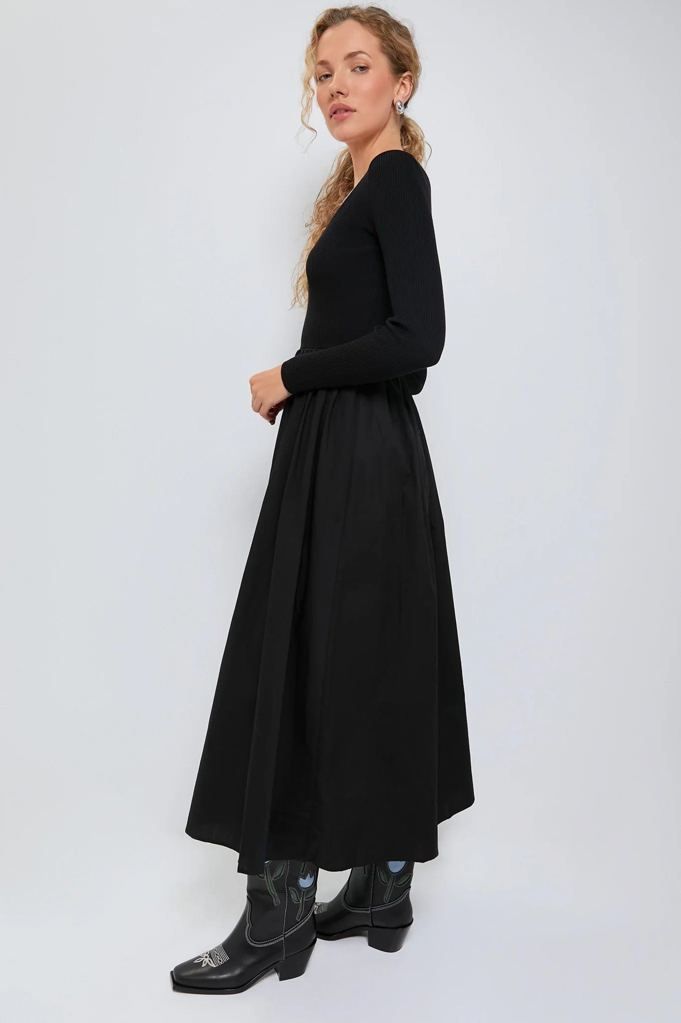 Always Contrast Long Sleeve Midi Dress Trendy A-Line Midi Dress