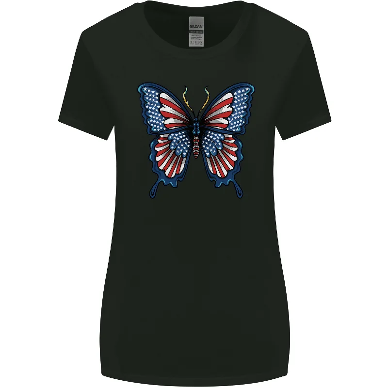 American Butterfly Flag USA July 4th Womens Wider Cut T-Shirt Nylon Fabric Polyester Fabric Spandex Fabric