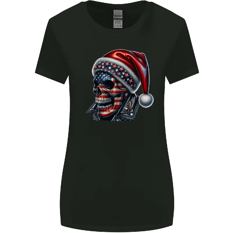 American Christmas Skull Xmas USA Flag Biker Womens Wider Cut T-Shirt Terry Blend Velvet Blend Canvas Blend
