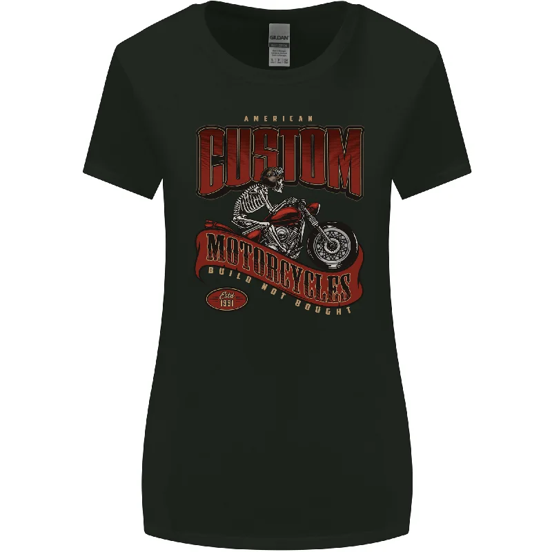 American Custom Motorcycles Biker Motorbike Womens Wider Cut T-Shirt Graphic Embroidered Appliqued
