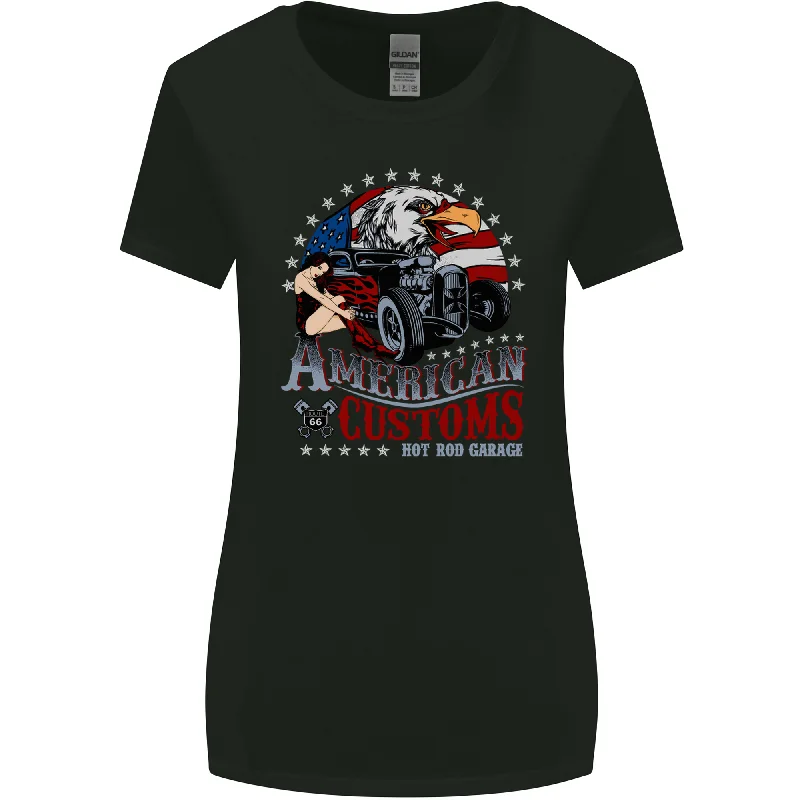 American Customs Hot Rod Garage USA Womens Wider Cut T-Shirt Satin Fabric Silk Fabric Chiffon Fabric