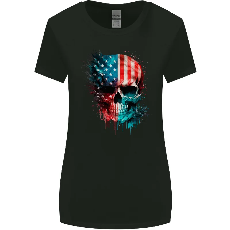 American Flag Skull USA Biker Motorcycle Veteran Womens Wider Cut T-Shirt Rayon Fabric Velvet Fabric Corduroy Fabric
