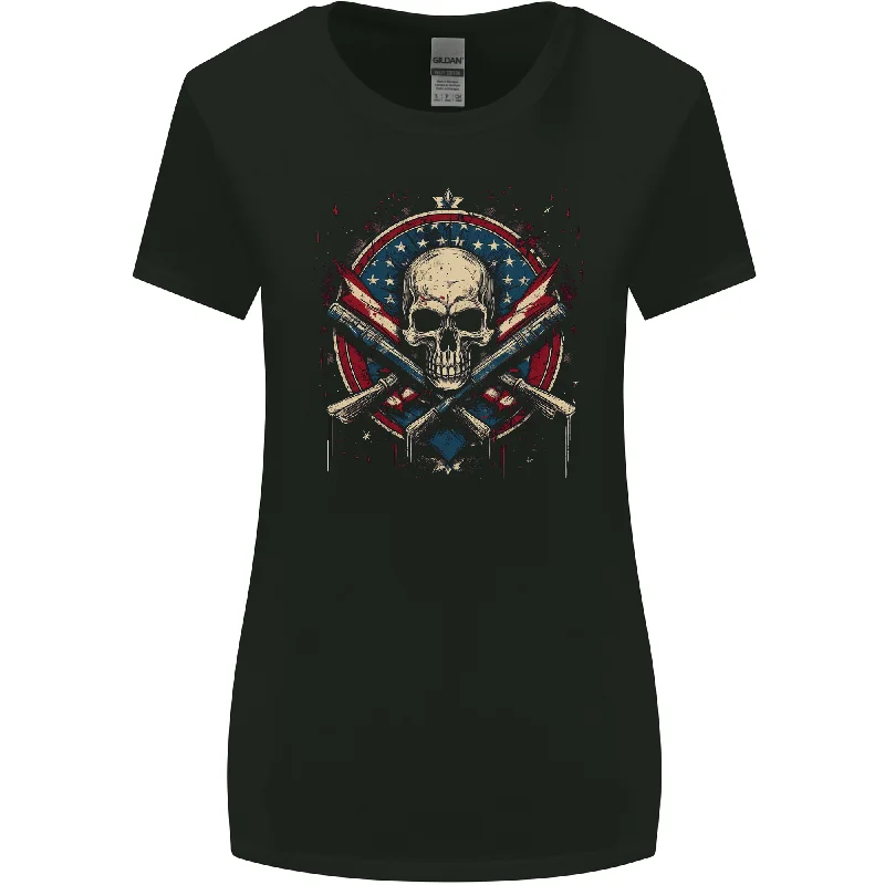 American Skull Shield USA Flag Womens Wider Cut T-Shirt Welt Pockets Slit Pockets