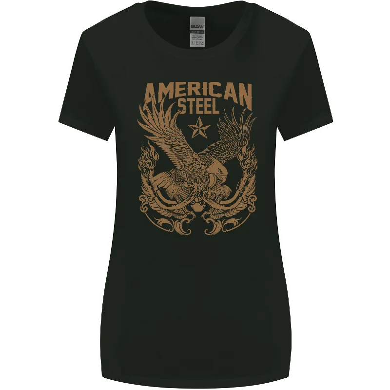 American Steel Motorbike Motorcycle Biker Womens Wider Cut T-Shirt Rayon Velvet Corduroy