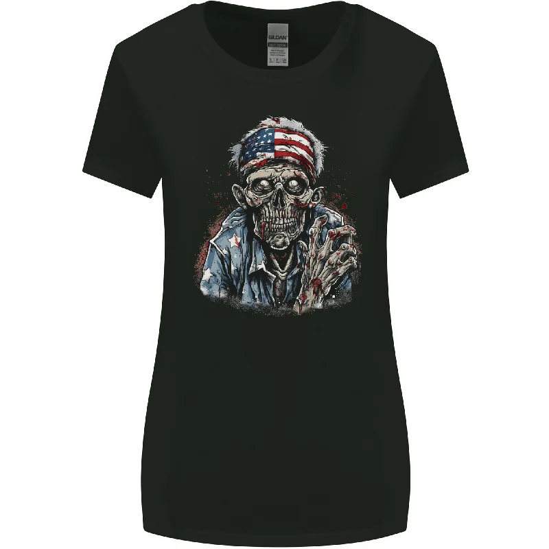 American Zombie USA Flag Halloween Womens Wider Cut T-Shirt Zippered Front Buttoned Front Snap Front