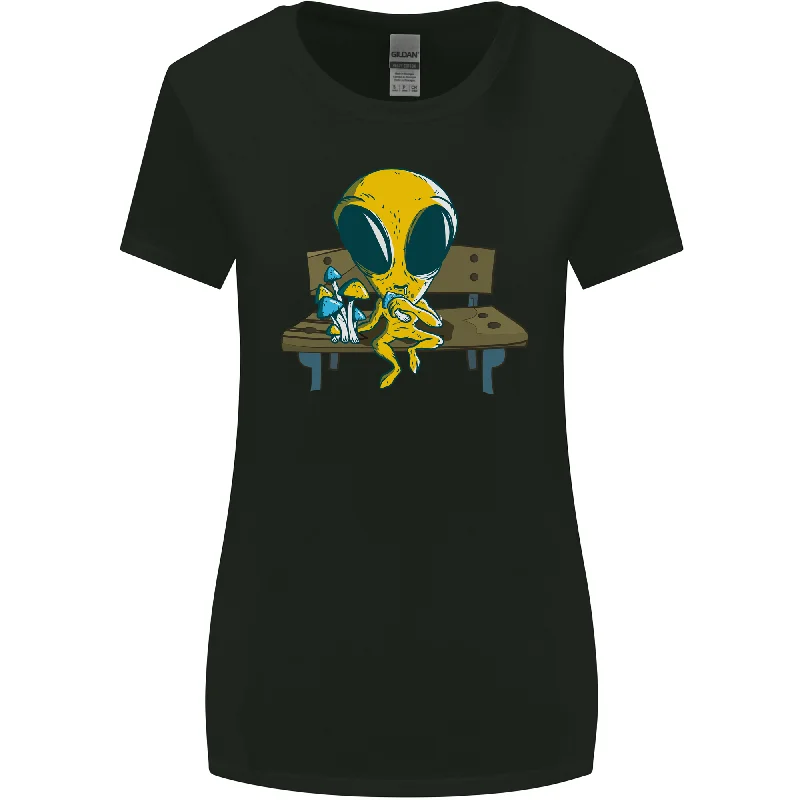 An Alien Eating Magic Mushrooms LSD Womens Wider Cut T-Shirt Zippered Front Buttoned Front Snap Front