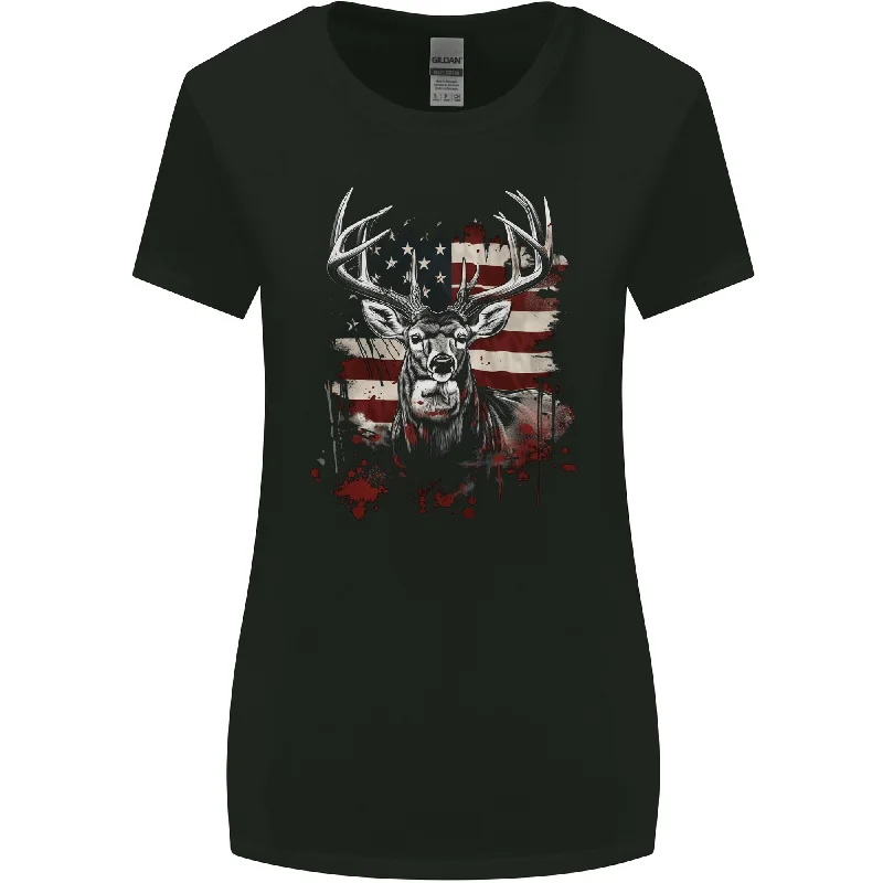 An American Deer With Flag USA Hunting Womens Wider Cut T-Shirt Cotton Fabric Linen Fabric Terry Fabric