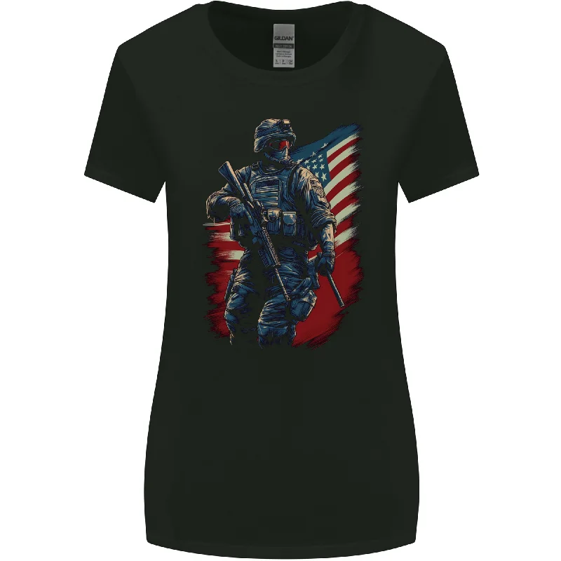 An American Soldier With USA Flag Army Marine Womens Wider Cut T-Shirt Collared T-Shirt Boat Neck A-Line