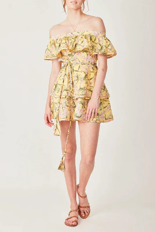 Capri Layer Mini Dress in Floral Yellow Trendy Crossover Mini Dress