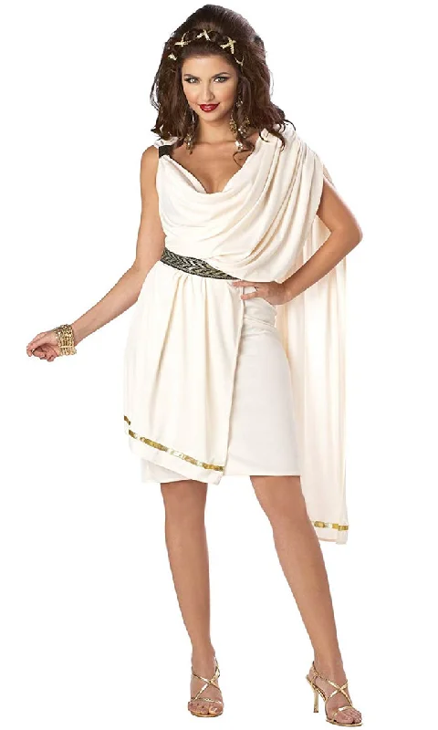 Athenian Princess <br><span>Cream Gold Draped One Shoulder Wrap Belt Toga Mini Dress Costume</span> Elegant Satin Lace Mini Dress