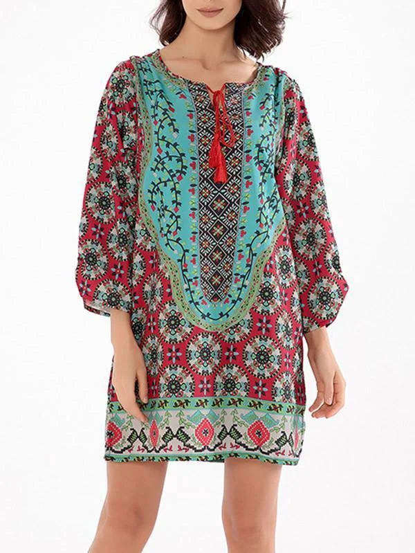 Beautiful Floral Bohemia Long Sleeve Round Neck Mini Dress Stylish Ribbed Mini Dress