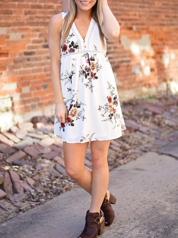 Beautiful White Bohemia Floral Sleeveless V Neck Mini Dress Cozy Knitted Mini Dress