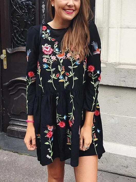 Black Loose Floral Embroidered Long Sleeve Round Neck Mini Dress Fashionable Lace Mini Dress