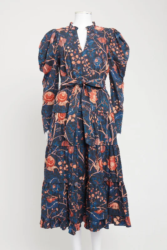 Blue Cotton Preowned Nanette Floral Midi Dress Trendy Long Sleeve Midi Dress