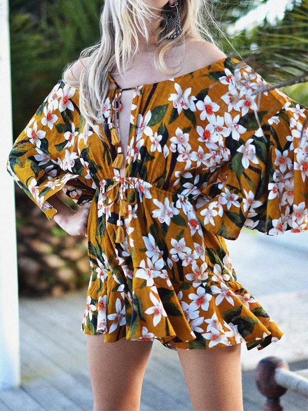 Bohemia Floral Print Off Shoulder Lace up Mini Dress Cozy Wraparound Mini Dress