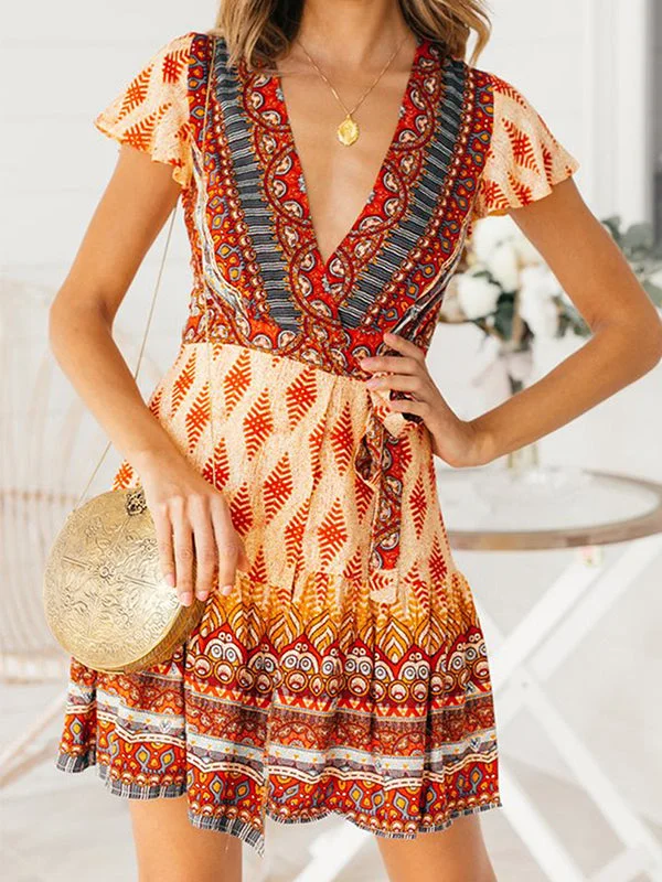 Bohemian Floral Pinrt Deep V-neck Summer Mini Dress Trendy Tulle Mini Dress