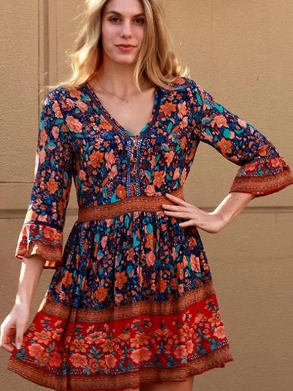 Boho Floral V Neck Ruffle Mini Dress Stylish Ribbed Mini Dress