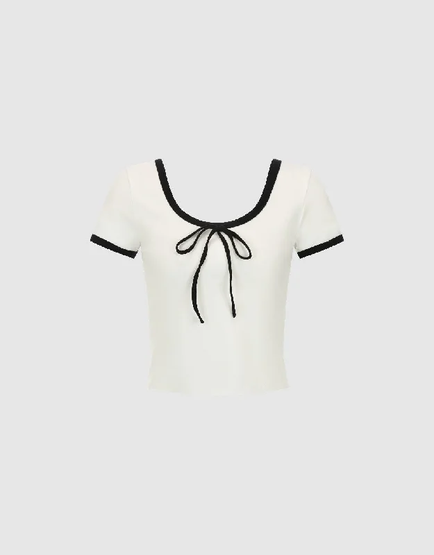 Bow Decor U Neck T-Shirt Embroidered Appliqued Beaded