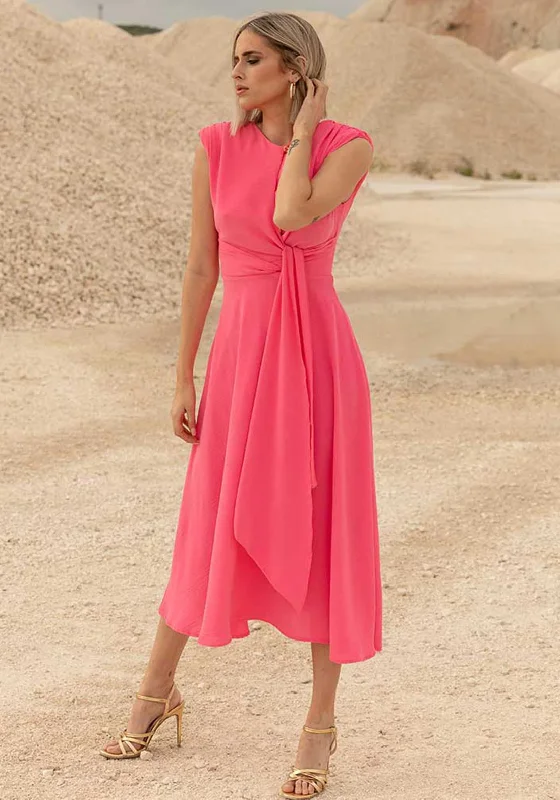 Cayro Drape Waist A-Line Midi Dress, Pink Elegant Satin Midi Dress