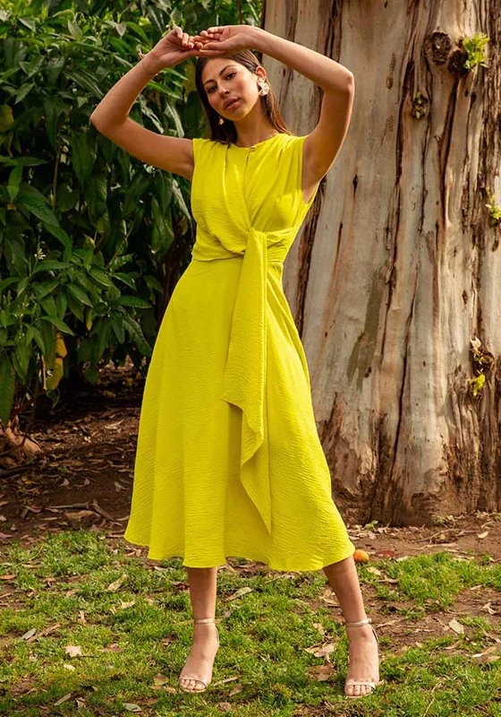 Cayro Drape Waist A-Line Midi Dress, Lime Cozy Spaghetti Strap Midi Dress