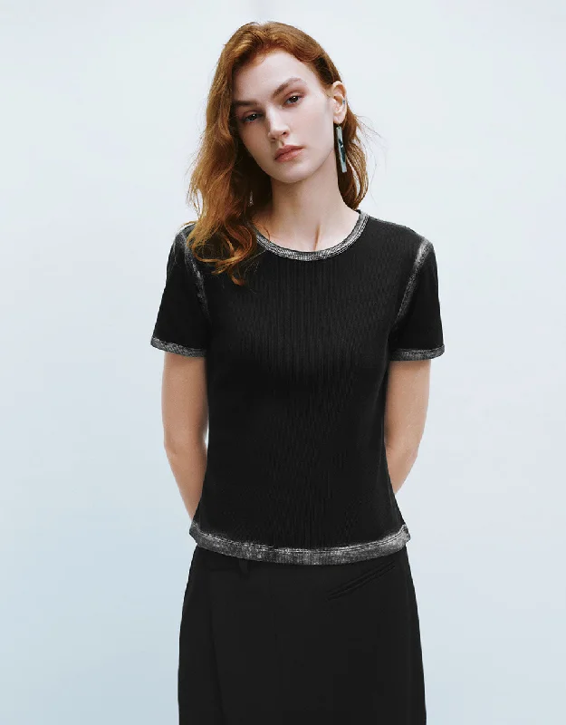 Crew Neck Knitted T-Shirt Print Jacquard Patchwork