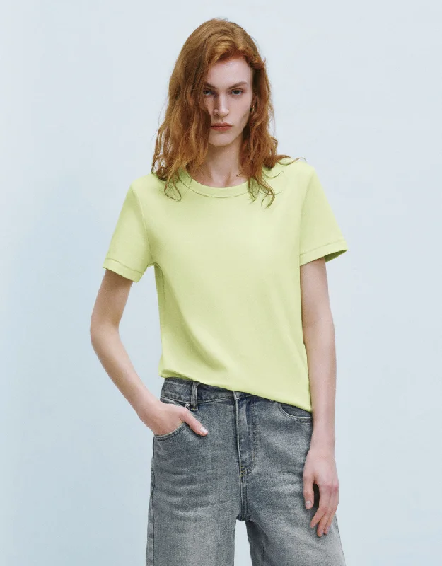 Crew Neck Straight T-Shirt Mesh Fabric Canvas Fabric Denim Fabric