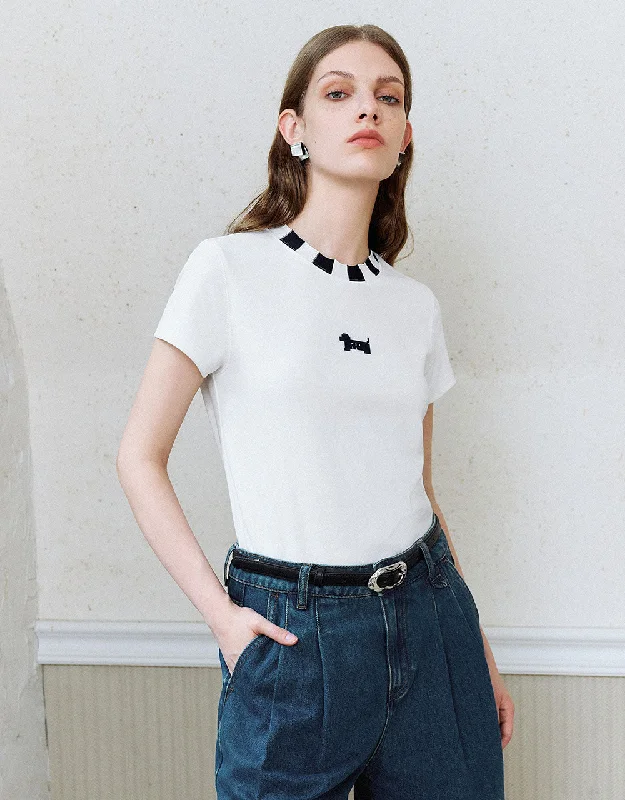 Crew Neck Straight T-Shirt Asymmetrical Pockets Print