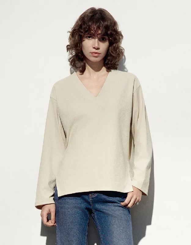 Drop Shoulder Sleeve V-Neck Knitted T-Shirt Silk Blend Satin Velvet