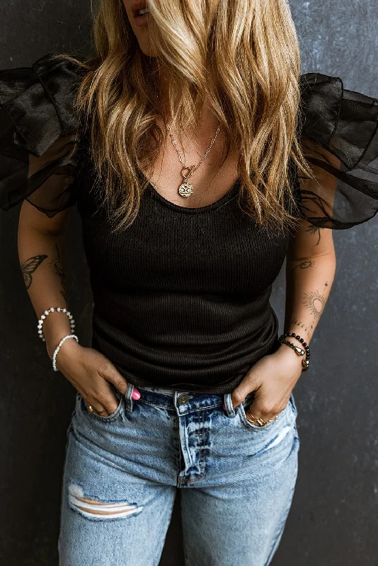 Elegant Black T-Shirt with Ruffled Sleeves Jersey Fabric Tulle Fabric Batik Fabric