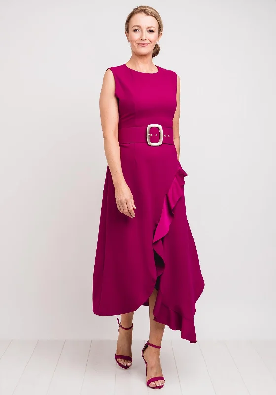 Exquise Belted Frill Trim Midi Dress, Fuschia Pink Stylish Midi Dress with Cuffs