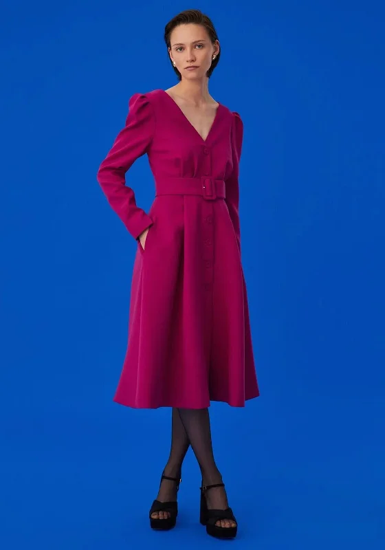 Exquise Belted V Neck Midi Dress, Fuchsia Fashionable A-Line Midi Dress