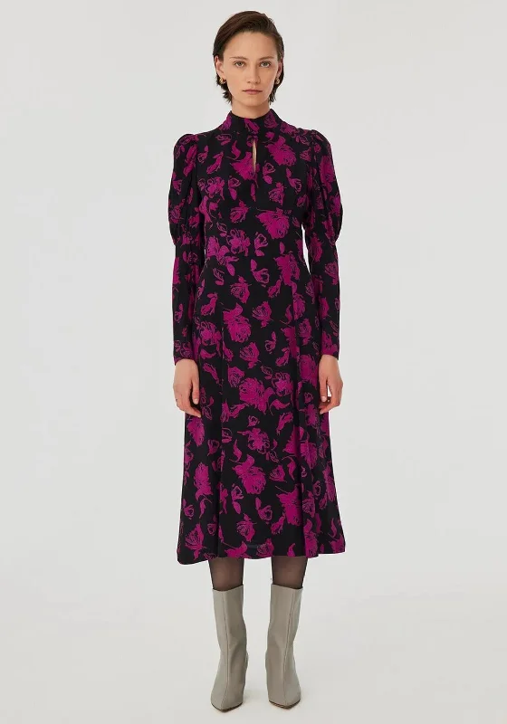 Exquise Floral Key Hole High Neck Midi Dress, Black & Fuchsia Trendy Fit-and-Flare Midi Dress