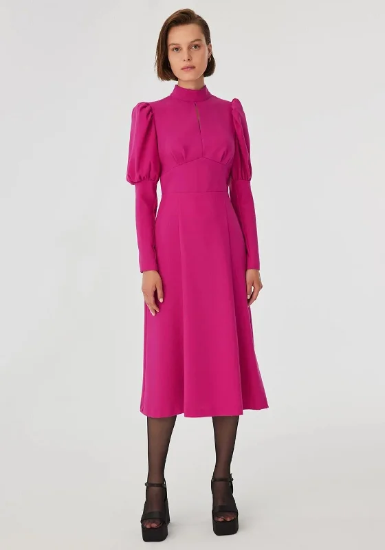 Exquise Key Hole High Neck Midi Dress, Fuchsia Fashionable Chiffon Midi Dress