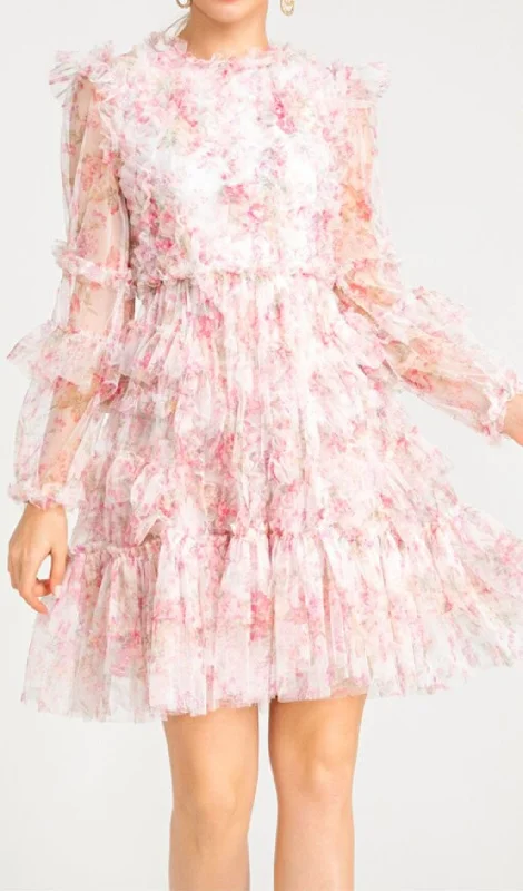 FLORAL MESH HEM MINI DRESS IN PINK Stylish Button-Down Mini Dress