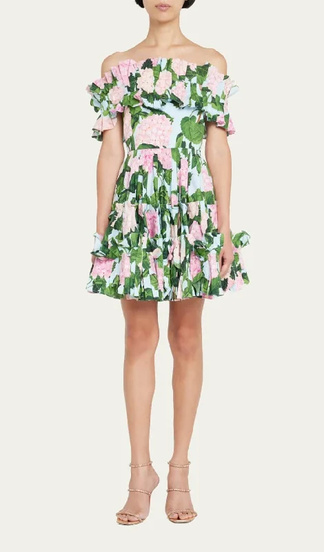 FLORAL-PRINT RUFFLE MINI DRESS IN OLIVE Stylish Short Sleeve Mini Dress