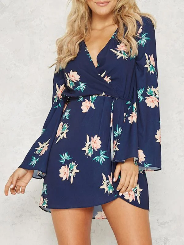 Floral Print V-neck Split Sleeves Mini Dress Trendy Camisole Mini Dress