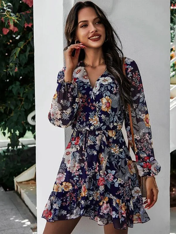 Floral Printed Long Sleeve V Neck Mini Dress Trendy Floral Mini Dress