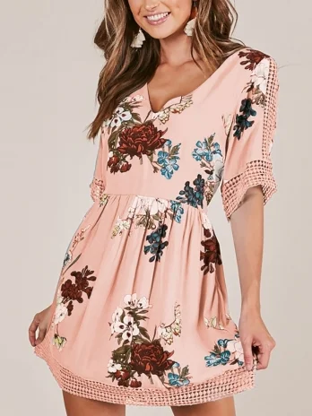 FLORAL V NECK CASUAL HALF SLEEVE MINI DRESS Trendy Wraparound Mini Dress