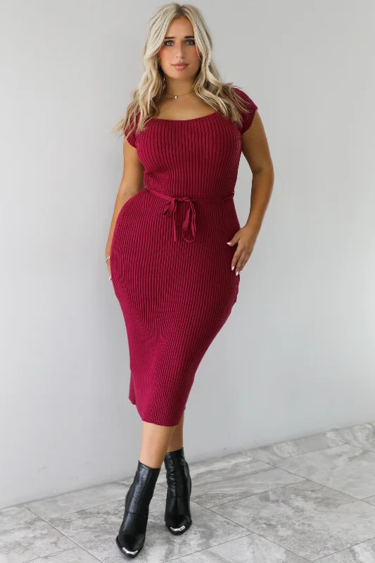 From The Start Midi Dress: Burgundy Comfortable Geometric Print Midi Dress