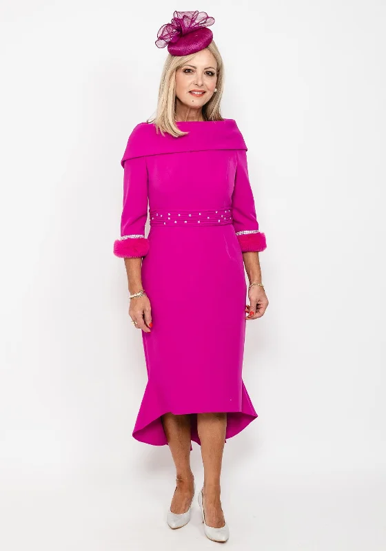 Gabriela Sanchez Detailed Fishtail Midi Dress, Fuchsia Fashionable Floral Embroidery Midi Dress